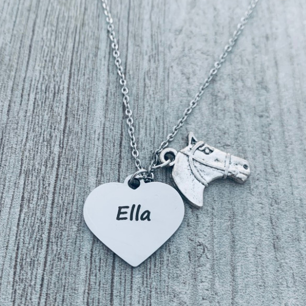 Personalized Engraved Horse Necklace - Heart Shape - Pick Charm