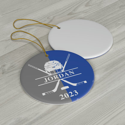 Personalized Ice Hockey Christmas Ornament - Gray & Blue