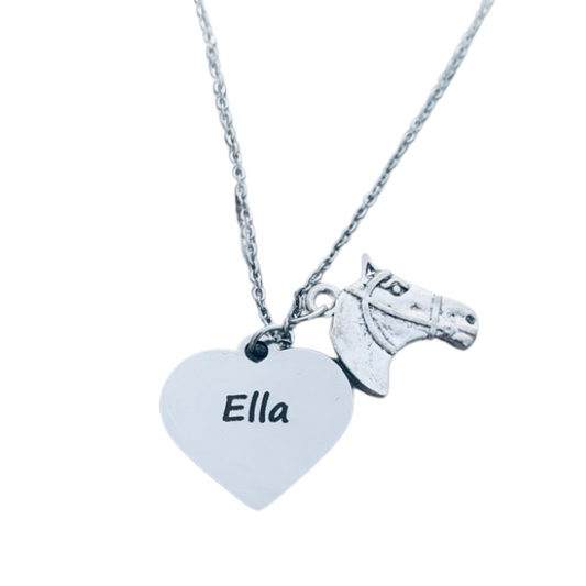 Personalized Engraved Horse Necklace - Heart Shape - Pick Charm