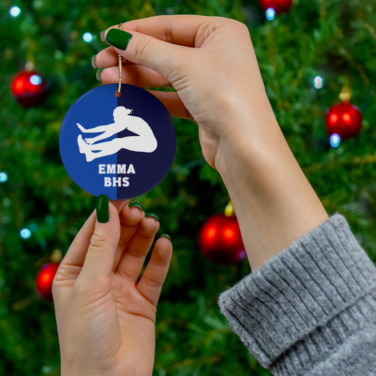 Long Jump Ornament, Personalized Girls Track and Field Christmas Ornament, Ceramic Tree Ornament