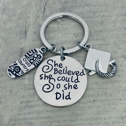 girls cross country Graduation Keychain - She Believed She Could-
