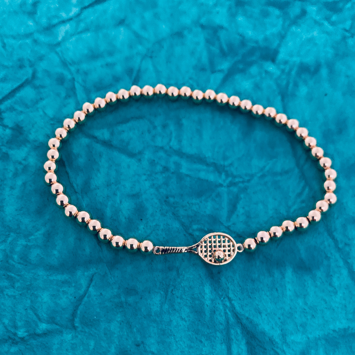 Tennis Racket Charm Gold Bead Layered Bracelets 18K Gold Plated