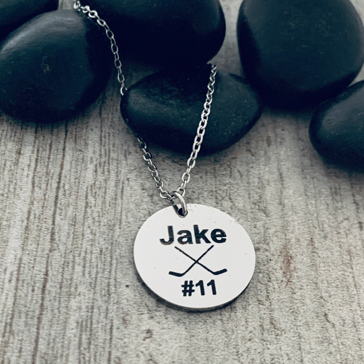Personalized Engraved Ice Hockey Stick Necklace - Round Shape