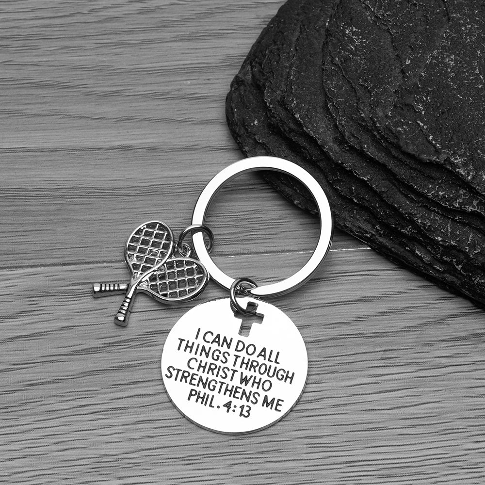 Tennis Charm Keychain, Christian Faith Charm Keychain, I Can Do All Things Through Christ Who Strengthens Me
