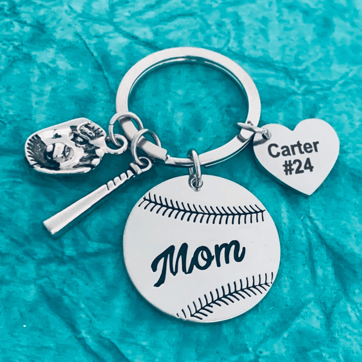 Baseball Mom Keychain with Customizable Charms on Blue Background