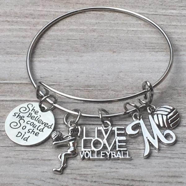 Personalized Volleyball Bangle Bracelet with Customizable Charms