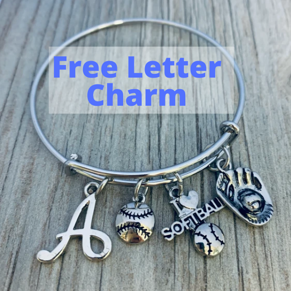 PERSONALIZED SOFTBALL BANGLE BRACELET WITH FREE LETTER CHARM