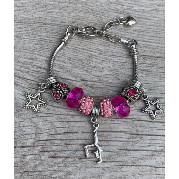 Girls Gymnastics Pink Beaded Charm Bracelet