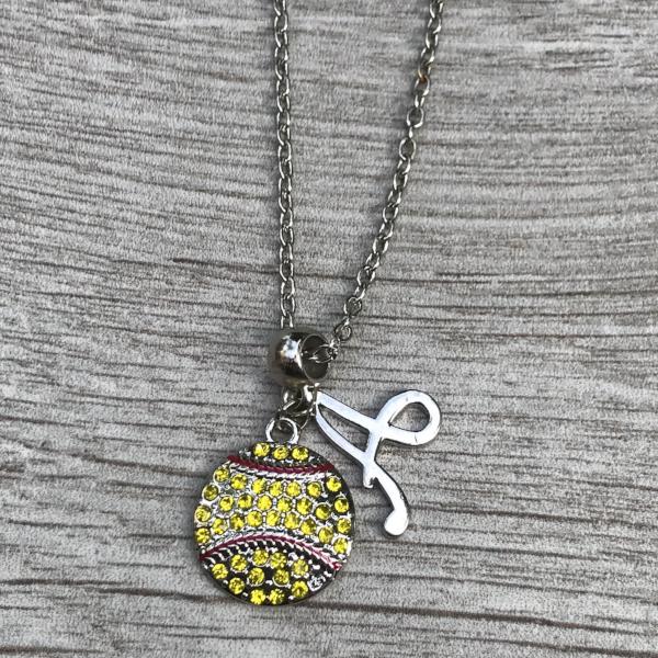 Personalized Softball Rhinestone Necklace- Letter