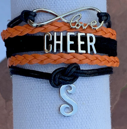 Personalized Cheer Infinity Charm Bracelet with Letter Charm - Pick Color