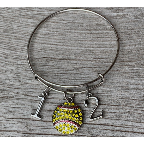 Personalized Softball Bangle Bracelet with Number Charms