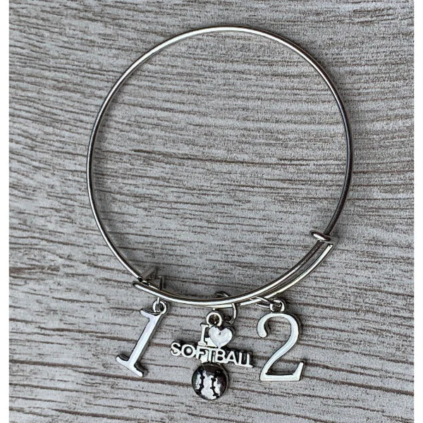 Personalized Softball Bangle Bracelet with Number Charms