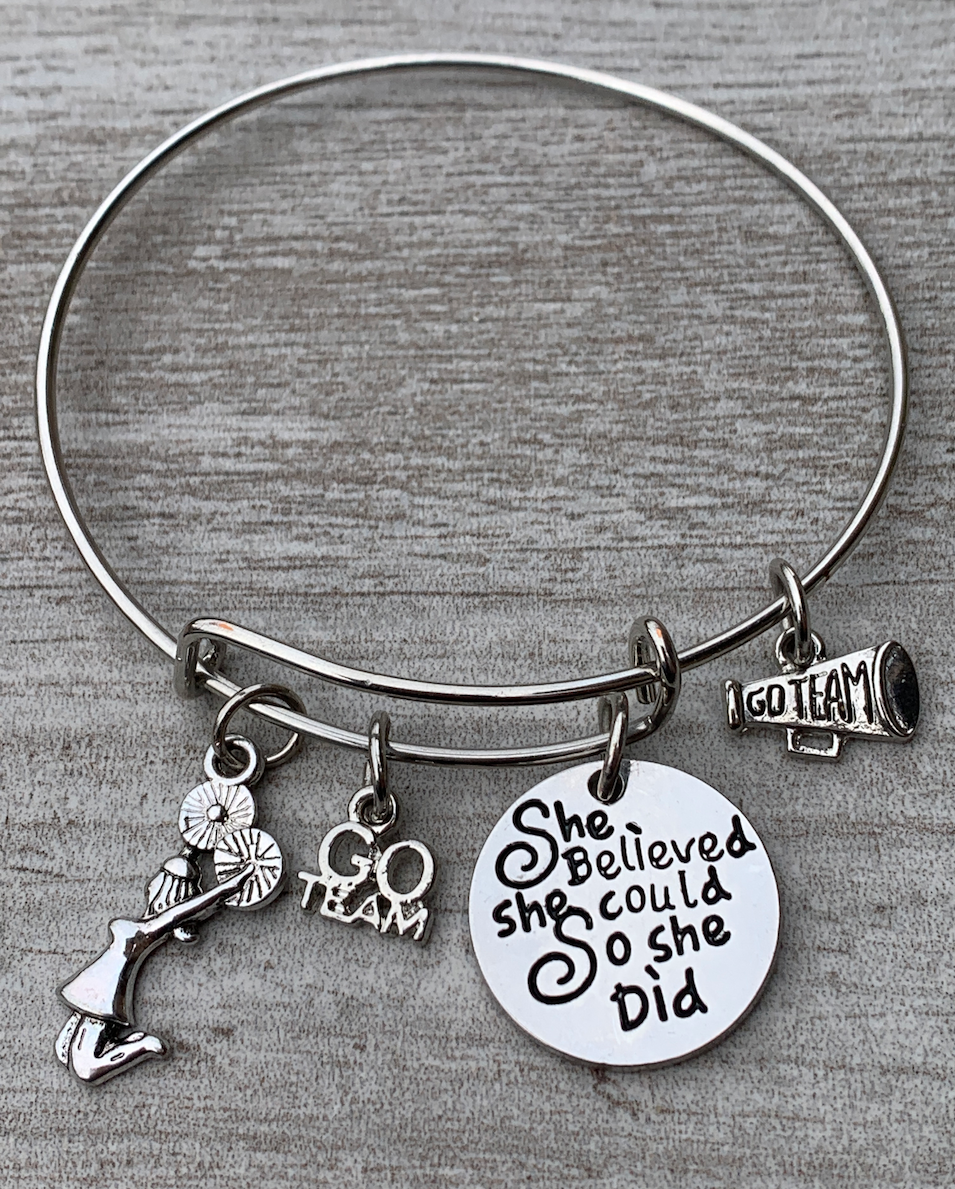 Girls Cheer Bangle Bracelet - She Believed She Could So She Did - Sportybella