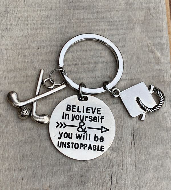 Sports Graduation Keychain -Believe In Yourself & You Will Be Unstoppable- Pick Activity