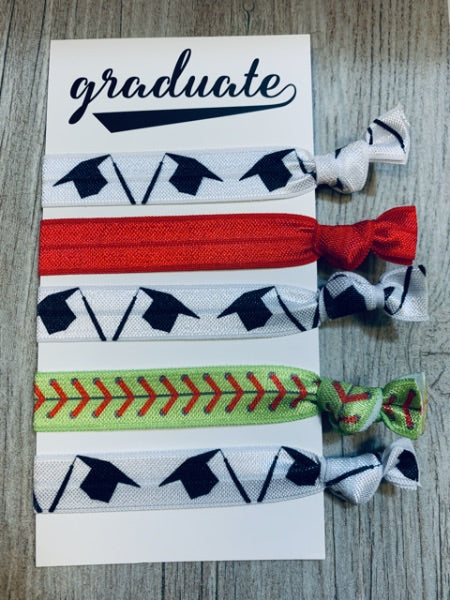 girls red Graduation Softball Hair Ties Set 