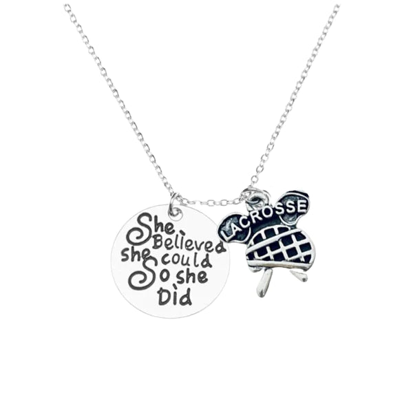 Girls Lacrosse Necklace- She Believed She Could So She Did