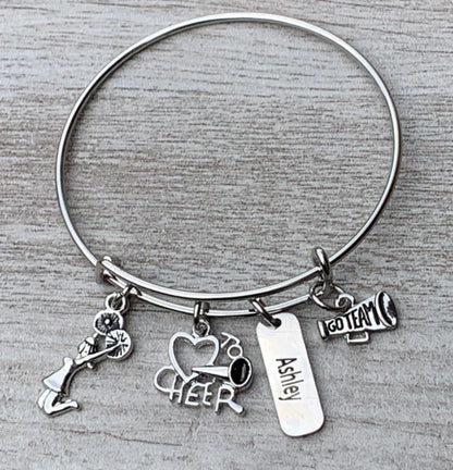 Personalized Cheer Bangle Bracelet with Engraved Name Charm