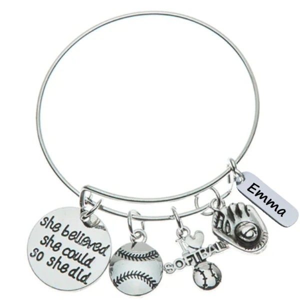 Personalized Engraved Softball She Believe She Could So She Did Charm Bracelet