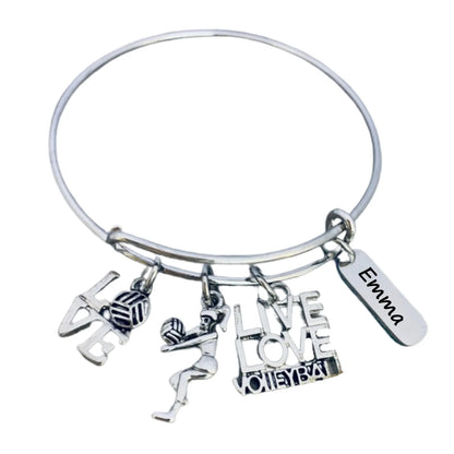 Personalized Silver Plated Adjustable Volleyball Bracelet with Engraved Charm