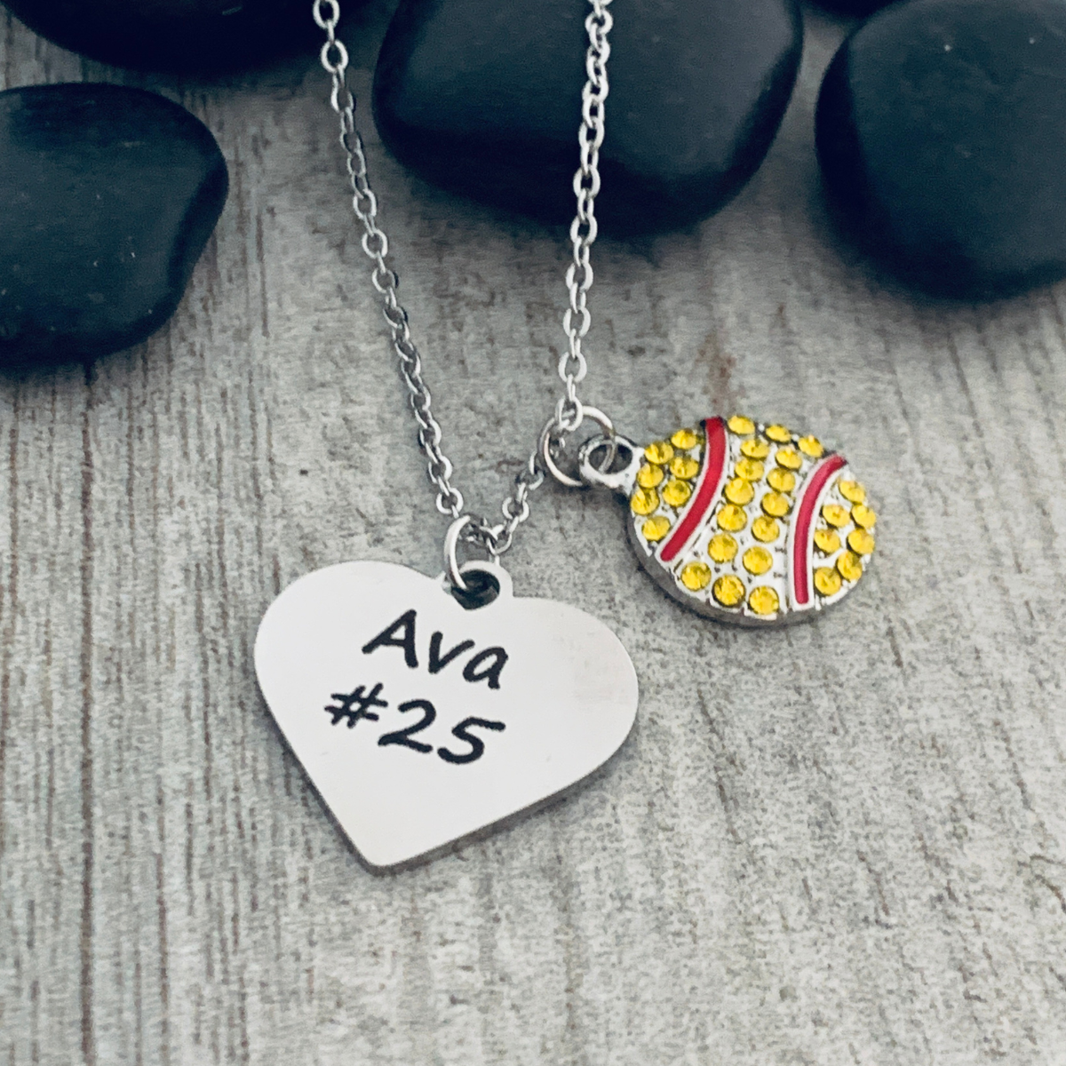 Personalized Engraved Softball Necklace - Rhinestone Charm