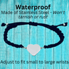 Charm size and bracelet sizing diagram with red text and dimension lines