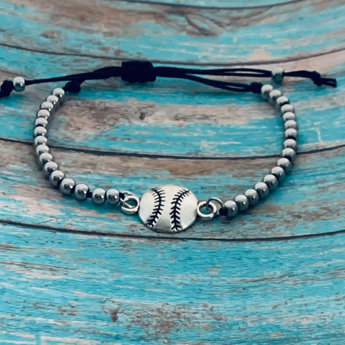 Softball Silver Beaded Adjustable Charm Bracelet