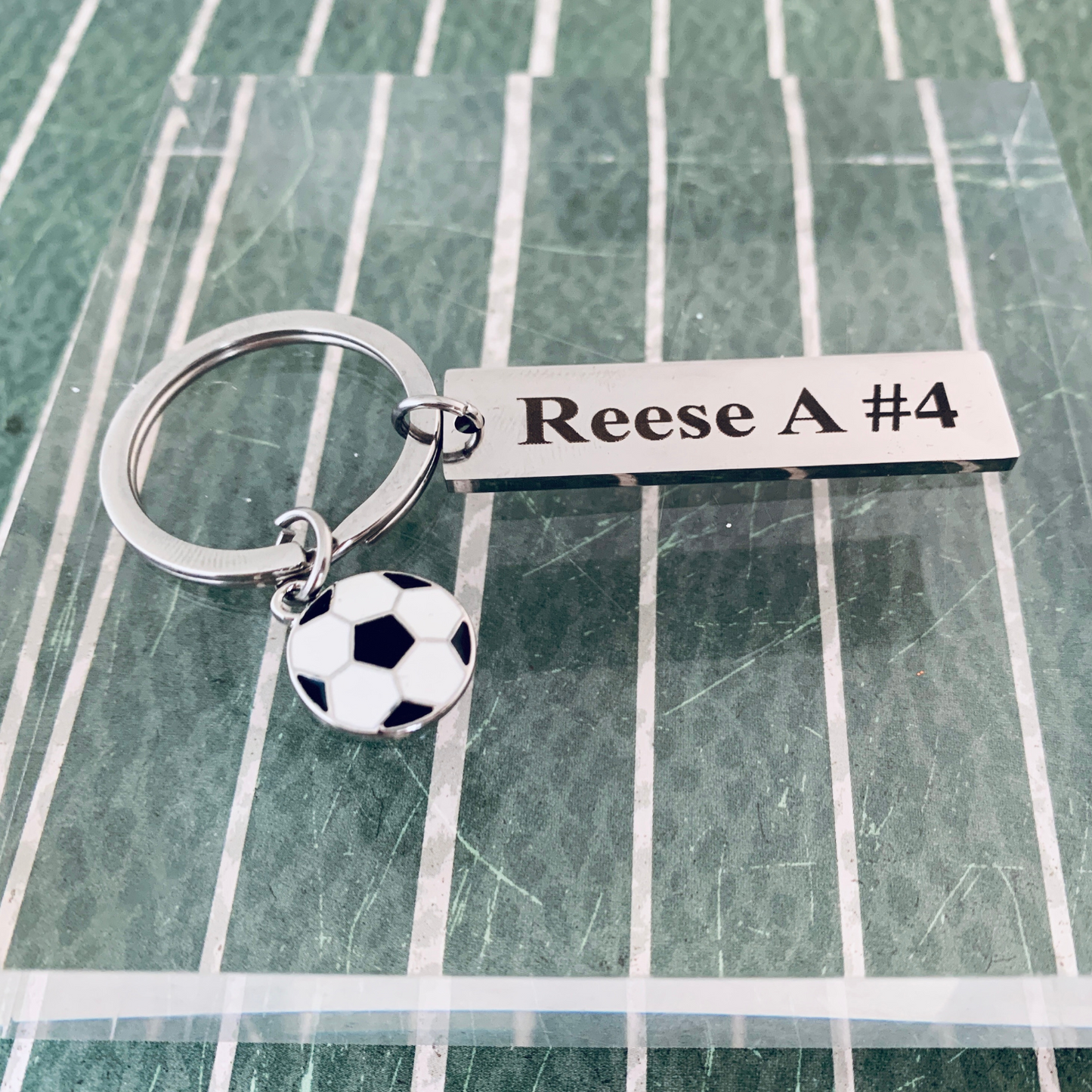 Engraved Soccer Ball Bar Keychain