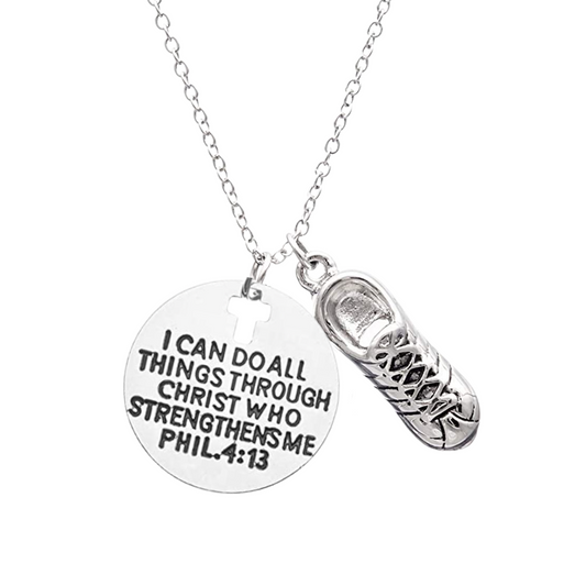 Runner Charm Necklace, Christian Faith Charm Pendant, I Can Do All Things Through Christ Who Strengthens Me Phil. 4:13
