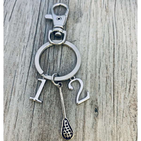 Personalized Lacrosse Zipper Pull Keychain with Number Charms