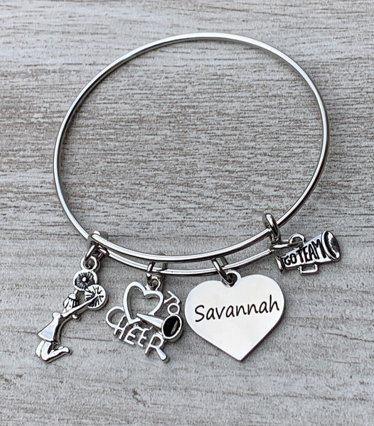 Personalized Cheer Bangle Bracelet with Engraved Name Charm