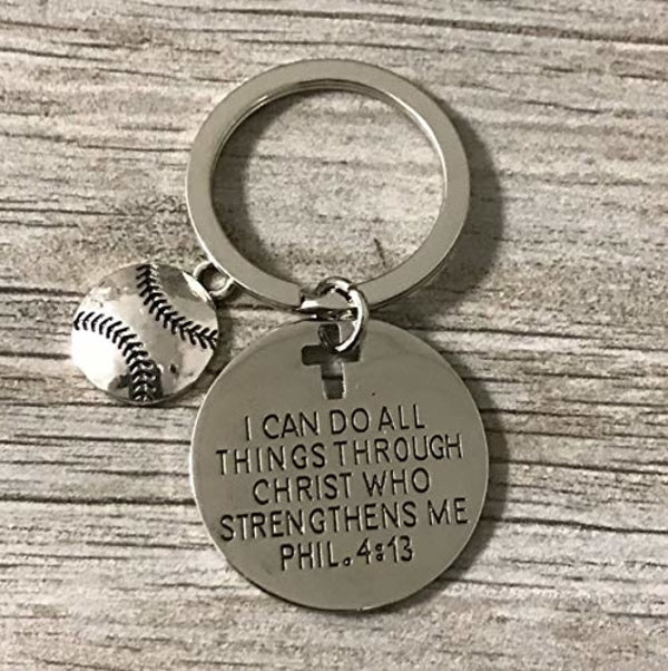 Softball Faith Charm Keychain, I Can Do All Things Through Christ Who Strengthens Me