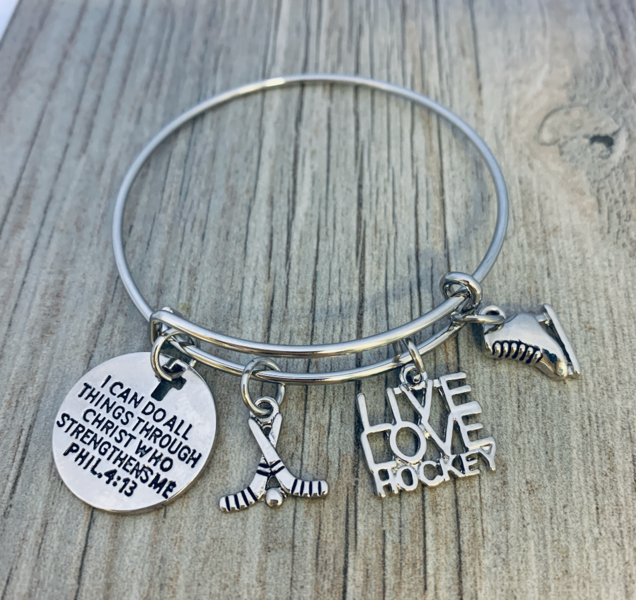 Ice Hockey Charm Bracelet, I Can Do All Things Through Christ Who Strengthens Me