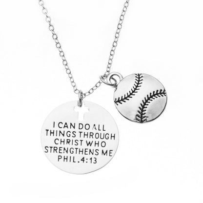 Softball Necklace, Faith I Can Do All Things Through Christ Who Strengthens Me Phil. 4:13