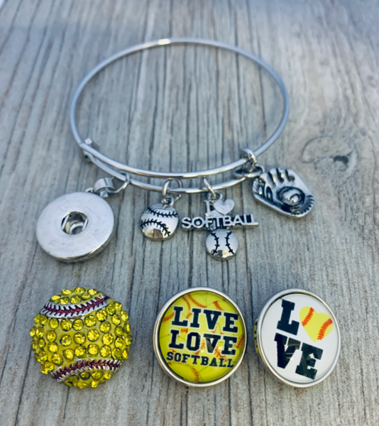 Softball Interchangeable Snap Charm Bangle Bracelet