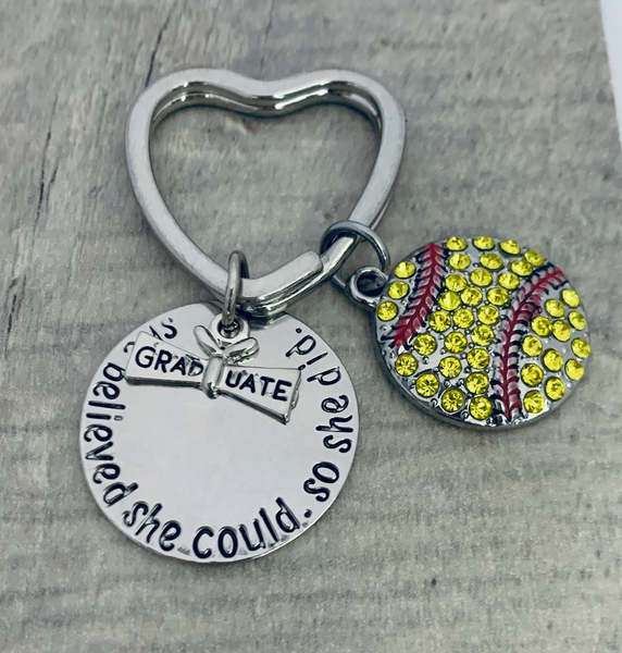 Softball Graduation Keychain - She Believed She Could on Heart Keychain