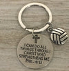 Faith-based volleyball keychain featuring Bible verse Philippians 4:13 and cross cutout, perfect for players and coaches.