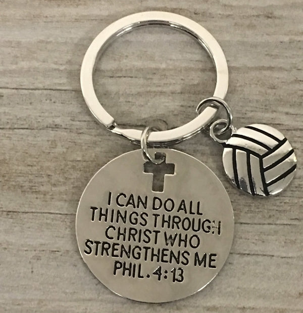 Faith-based volleyball keychain featuring Bible verse Philippians 4:13 and cross cutout, perfect for players and coaches.