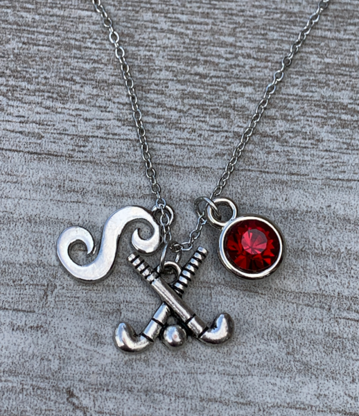 Personalized Field Hockey Stick Necklace with Letter & Birthstone Charm