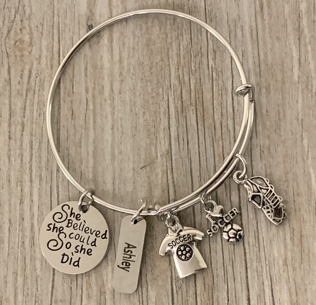 Personalized Engraved Soccer Bracelet- She Believed She Could
