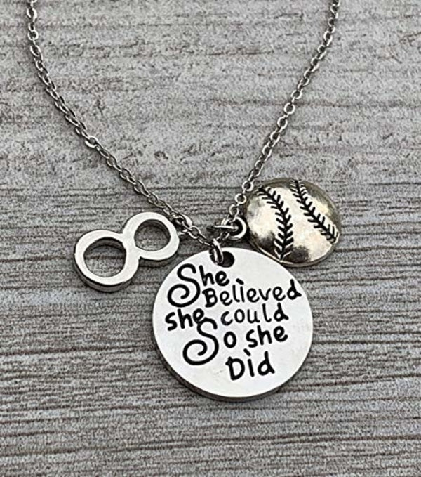 Softball She Believed She Could So She Did Necklace with Number Charm