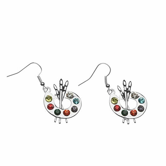 Paint Brush and Colorful Paint Palette Dangle Charm Earrings