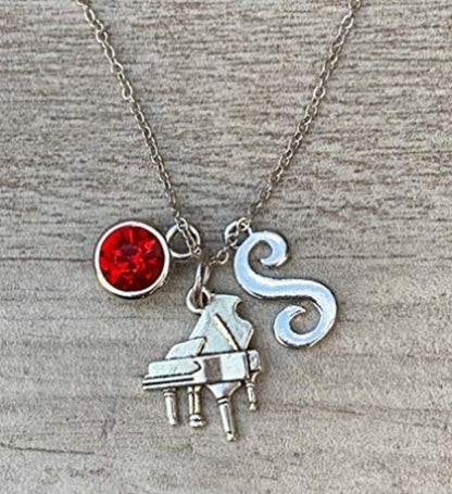 Personalized Piano Necklace with Birthstone & Letter
