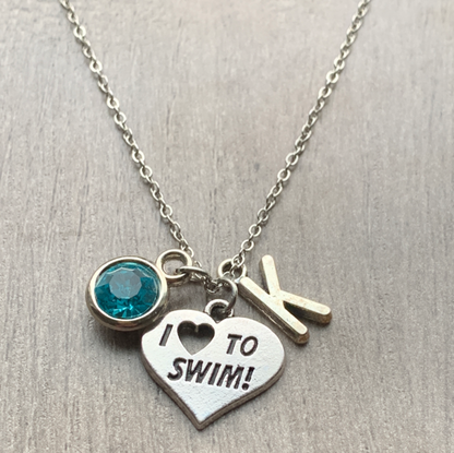 Personalized Girls Swim Necklace with Birthstone & Letter Charm