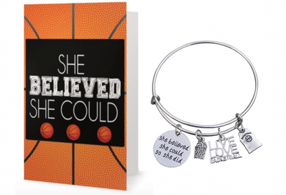 Girls Basketball She Believed She Could She Did Bangle Bracelet & Card