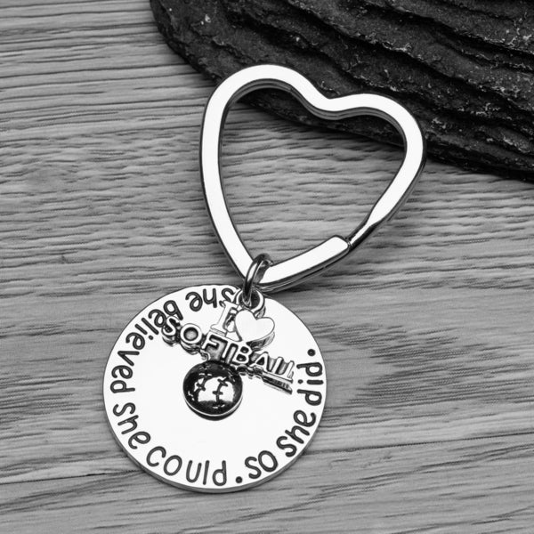 Softball Keychain - She Believed She Could So She Did - Heart Shaped