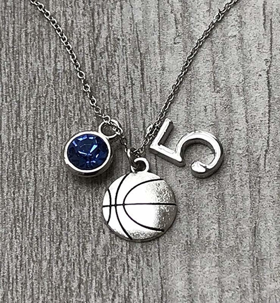Personalized Basketball Necklace with Birthstone & Number Charm
