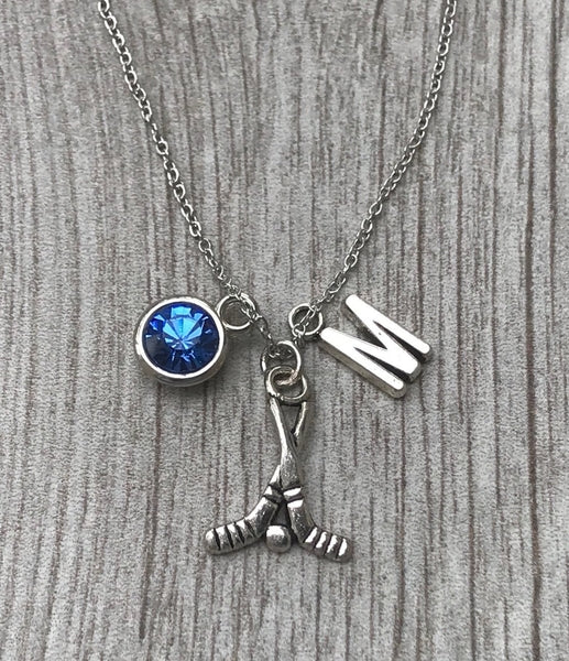 Personalized Ice Hockey Stick Necklace with Letter & Birthstone Charm