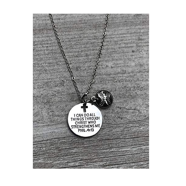 Softball Necklace, Faith I Can Do All Things Through Christ Who Strengthens Me Phil. 4:13