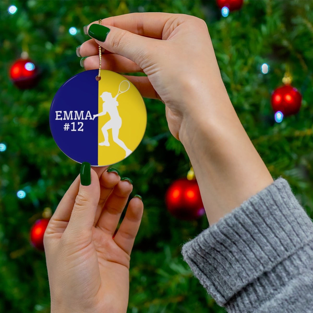 Personalized Tennis Christmas Ornament - Yellow & Blue
