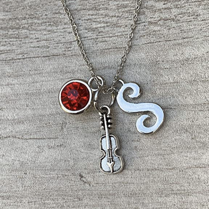 Violin Necklace with Birthstone & Letter Charm